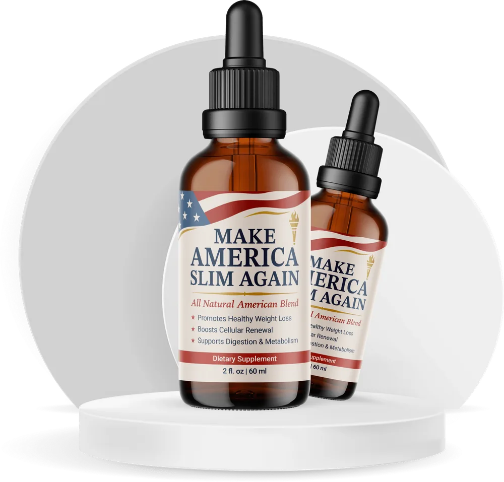 Two Make America Slim Again supplement drop bottles on a display stand